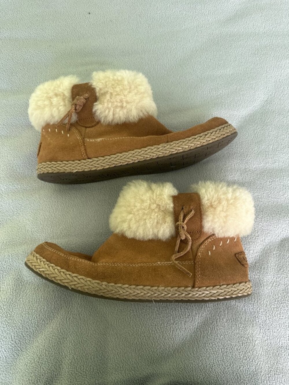 Ugg Boots Womens 9.5 Elowen Ankle Moccasin Jute Braid‎ Trim Side Zip Shearling